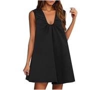 Mini abito da donna senza maniche con scollo a V corto prendisole da donna estate moda casual leggero comodo classico sciolto tinta unita elegante spiaggia uscire lounge abiti da festa, 1 #Nero
