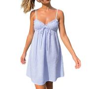 Mini abito da donna senza maniche con spalline sottili per le vacanze estive a righe fluide una linea swing abiti corti, blu cielo, M