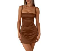 Mini abito da donna sexy in raso senza maniche, con scollo quadrato, mini abito da cocktail aderente per ospiti di nozze per adolescenti, cioccolato, S