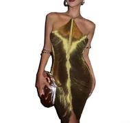 Mini abito da donna, sexy, schiena scoperta, con nappe, dettagli traforati, elegante, per feste e club, per estate e autunno, senza maniche, in poliestere, colore argento (XL oro)