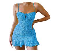 Mini abito donna sexy corto e aderente, elegante, floreale, con spalline a spalla, senza maniche, con ruches, floreale, per la spiaggia, per le vacanze, abito da festa, abito da ballo scollato, abito