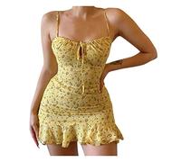 Mini abito donna sexy corto e aderente, elegante, floreale, con spalline a spalla, senza maniche, con ruches, floreale, per la spiaggia, per le vacanze, abito da festa, abito da ballo scollato, abito