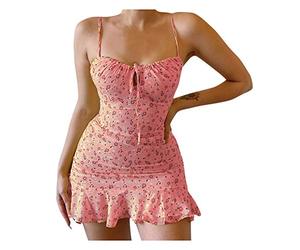 Mini abito donna sexy corto e aderente, elegante, floreale, con spalline a spalla, senza maniche, con ruches, floreale, per la spiaggia, per le vacanze, abito da festa, abito da ballo scollato, abito