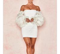 Mini abito donna sexy vestito corto elegante sera scollato bianco maniche 3004