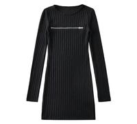 Mini abito estivo casual, attillato per l'inverno, con cerniera frontale, maniche lunghe, girocollo, collo alto, spesso, vestibilità aderente, perfetto per feste, visite al club, Nero , S