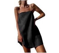Mini abito estivo casual in cotone e lino con spalline sottili per donna - Collo quadrato - Per donne di piccola statura - Vacanze nel Regno Unito - Spiaggia - Mini abito estivo corto - Le mie