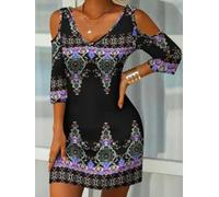 Mini abito estivo da donna, stile boho, con spalle scoperte, maniche a 3/4 | Vestibilità rilassata, abito casual, abbigliamento da resort, vacanze al mare, ospite di nozze, gita delle ragazze