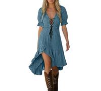 Mini abito estivo da donna, stile boho, stile etnico, profondo scollo a V, stile rustico, per il tempo libero, a vita alta, da spiaggia, da donna, leggero e arioso, abbigliamento medievale, festival