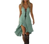 Mini abito estivo da donna, stile boho, stile etnico, profondo scollo a V, stile rustico, per il tempo libero, a vita alta, da spiaggia, da donna, leggero e arioso, abbigliamento medievale, festival