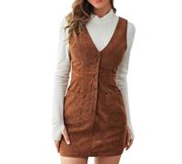 Mini Abito Scamiciato da Donna con Scollo a V Senza Maniche in Velluto a Coste e Bottoni Abiti Manica Lunga Invernali (Brown, M)