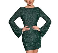 Mini abito scintillante da donna, con paillettes, elegante, con maniche svasate, alla moda, lucido, aderente, per matrimoni, serate, sexy, senza schienale, Verde, L