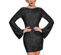 Mini abito scintillante da donna, con paillettes, elegante, con maniche svasate, alla moda, lucido, aderente, per matrimoni, serate, sexy, senza schienale, Nero , XXL