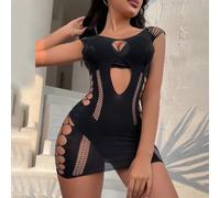 Mini abito sexy a rete trasparente da donna, ad alta elasticità, abbigliamento da notte da discoteca, colore rosso (nero)