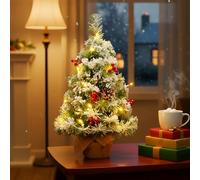 Mini Albero di Natale 55cm Innevato con Luci LED, Abete Artificiale Decorativo con Pigne e Bacche Rosse per Tavolo, Casa, Ufficio e Feste Natalizie