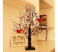 Mini albero luminoso vintage con cardinali, mini albero di betulla bianca con bacche, decorazioni da tavolo uniche per interni, albero di Natale rosso centrotavola decorato (nero)