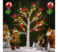 Mini albero luminoso vintage con cardinali, mini albero di betulla bianca con bacche, decorazioni da tavolo uniche per interni, alberi di Natale rossi decorati (bianco)
