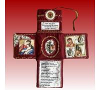 Mini altare cattolico artigianale con croce e icona, compagno di viaggio devozionale portatile per momenti di preghiera, in tono argento, ricco design artistico.
