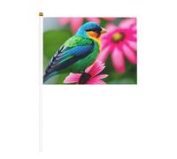 Mini bandiera con fiori colorati e uccellini, colore bianco solido, colori vivaci e resistenti allo sbiadimento, bandiere tenute in mano con lancia