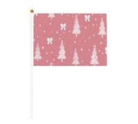 Mini bandiere a forma di albero di Natale con fiocco a forma di stella con sfondo rosa pastello, mini bandiere su bastone per feste, attività di squadra, parate, decorazioni per le vacanze, confezione