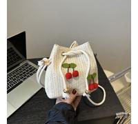 Mini borsa a secchiello casual in paglia con decorazione ciliegia e coulisse, elementi essenziali per le vacanze, perfetta per viaggi, vacanze, feste e spiaggia Tagli UnicaColoratoTessuto
