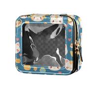 Mini borsa per il trucco trasparente con motivo a zigzag giamaicano per donne e ragazze, organizer per smalti da viaggio, Divertenti volti colorati di gatti su blu, Taglia unica