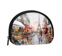 Mini borsa portatile per monete con stampa a olio con scena di Parigi e Torre Eiffel, in poliestere stampato per piccoli oggetti personali, Nero , Taglia unica