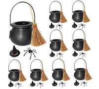 Mini Cauldron, 9 set di miniature di Halloween, piccolo mini calderone di plastica, cappello da stregone, scopa di streghe e ragno per gli accessori per le case delle bambole di Halloween decorazione