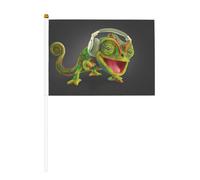 Mini Chameleon Ascolta Musica Stampa Bandiere Palmare 14x20,8 cm | 100% poliestere resistente agli strappi, colori vivaci che non sbiadiscono, confezione da 6/10, palo riutilizzabile da 30 cm