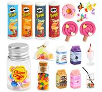 Mini Cibo 16 Pezzi Mini Cibi in Mini Food Oggetti Miniature Patatine/Latte/Lecca-lecca/Cioccolato/Donuts/Drinks/Caramella Accessori Casa Delle Bambole Finto Cibo Gocattolo per Bambini