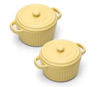 Mini cocotte con coperchio, pirofila in ceramica con manici e coperchio, stampini rotondi con coperchio per lasagne, soufflé, crème brûlée, dessert, per microonde e forno (Giallo, S-250ml-2pc)