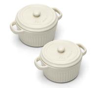 Mini cocotte con coperchio, pirofila in ceramica con manici e coperchio, stampini rotondi con coperchio per lasagne, soufflé, crème brûlée, dessert, per microonde e forno (Bianco, S-250ml-2pc)