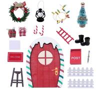 Mini Decorazioni Natalizie, Accessori per la Porta di Babbo Natale, Porta di Babbo Natale in Legno con Mini Cassetta Postale, Recinto, Scala, Stivali, Ghirlanda, Set di Porte da Fiaba (18pz)