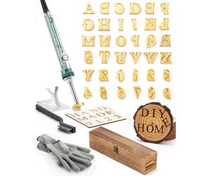 Mini ferro da stiro elettrico con lettere e numeri, 60 W, con scatola di legno, per cappelli in pelle fai da te, barbecue, pane (1,2 cm, 36 lettere e numeri)