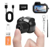 Mini fotocamera portachiavi, FHD 1080p 8 MP, mini fotocamera digitale con scheda SD da 32 GB, adattatori OTG, lettori di schede, otto filtri, durata della batteria 100 minuti, fotocamera retrò per