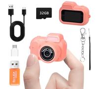 Mini fotocamera portachiavi, FHD 1080p con scheda SD da 32 GB, adattatori OTG, lettori di schede, otto filtri, durata della batteria 100 minuti, mini fotocamera digitale per viaggi e studi (rosa, 32