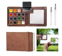 Mini kit di pittura ad acquerello, set di acquerelli da viaggio, tavolozza tascabile in legno di noce con 15 griglie con album da disegno da 300 g/m², pennelli, clip e custodia, set per pittura