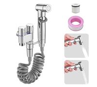 Mini kit spruzzatore per rubinetto WC con doppia valvola di controllo 1 in 2 uscite, rondella di testa multifunzionale, doccetta per pannolini, spray, tubo flessibile e accessori (argento)
