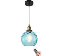 Mini Lampada A Sospensione A Batteria con Telecomando, Senza Cablaggio Illuminazione A Sospensione in Vetro Blu, Piccolo Paralume Rotondo in Vetro Lampada A Soffitto Sospesa per Isola, 1 Light