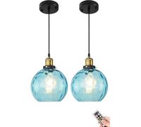 Mini Lampada A Sospensione A Batteria con Telecomando, Senza Cablaggio Illuminazione A Sospensione in Vetro Blu, Piccolo Paralume Rotondo in Vetro Lampada A Soffitto Sospesa per Isola, 2 Light