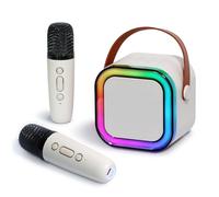 Mini macchina portatile per karaoke con 2 microfoni wireless per feste, campeggio, falò all'aperto, supporto TF/USB/AUX, regalo ideale per bambini e adulti (beige)