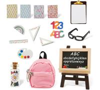 Mini materiale scolastico per casa delle bambole, 17 pezzi/set compreso piccolo zaino, mini, matita, occhiali, cancelleria, libri Set di accessori per casa delle bambole in plastica