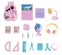 Mini materiale scolastico per casa delle bambole da 18 pezzi, incluso zaino minuscolo, mini laptop, lampada da scrivania, cancelleria, globo, occhiali, cuffie Set di accessori per casa delle bambole