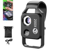 Mini microscopio tascabile per telefono 200X con lente CPL/luce LED, fotocamera per microscopio digitale portatile con nano zoom, design a clip universale, micromondo per bambini adulti (black)