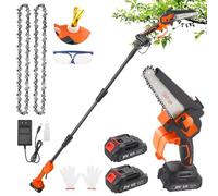Mini motosega 2 in 1 da 6 pollici, 21 V, con asta di prolunga da 1,32 - 2,3 m, interruttore elettrico con 2 batterie e caricabatterie, per tagliare alberi e siepi