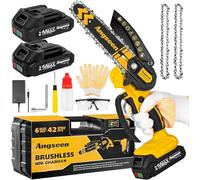 Mini Motosega Brushless 6 Inch, Sega Elettrica a Batteria Senza Fili con 2 Batterie 2.0Ah e Catene, Mini Motosega con Blocco di Sicurezza per Taglio del Legno e Potatura Alberi, Adatta agli Anziani