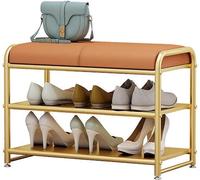 Mini panca da ingresso con scarpiera, elegante struttura in metallo dorato, sgabello basso imbottito per piccoli spazi, mobili con accento verde