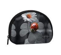 Mini portamonete portatile con stampa di coccinelle e margherite - Portafoglio in poliestere stampato per piccoli oggetti personali, Nero , Taglia unica