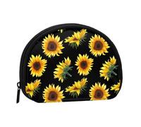 Mini portamonete portatile con stampa di fiori di girasole e piante, stampa nera e gialla, portafoglio in poliestere stampato per piccoli oggetti personali, Nero , Taglia unica