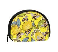 Mini portamonete portatile con stampa giallo limone e ape, portafoglio in poliestere stampato per piccoli oggetti personali, Nero , Taglia unica