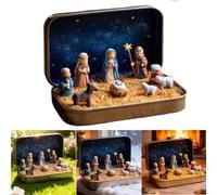 Mini presepe di Natale in scatola di latta portatile con statuette in resina sacra famiglia e pecore per vacanze, casa, ufficio o esposizione di viaggi